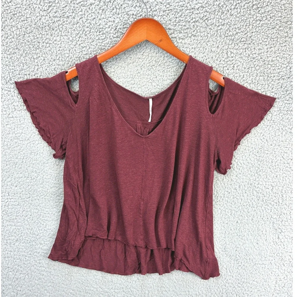 Free People Cold Shoulder Cutout T-Shirt Womens S Burgundy Short Sleeve Boho